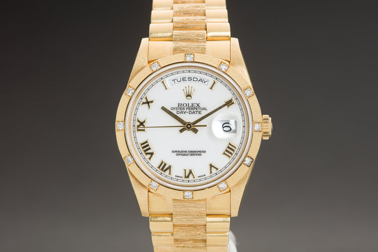 1995 Rolex 18308 Bark Finish Day-Date White Roman Dial & 12 Diamond Bezel