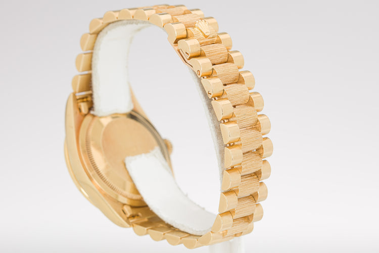 1995 Rolex 18308 Bark Finish Day-Date White Roman Dial & 12 Diamond Bezel