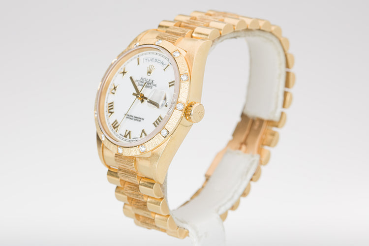 1995 Rolex 18308 Bark Finish Day-Date White Roman Dial & 12 Diamond Bezel