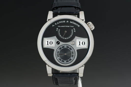 A.Lange & Sohne Glashutte Zeitwerk Black 18k White Gold Box & Service Papers