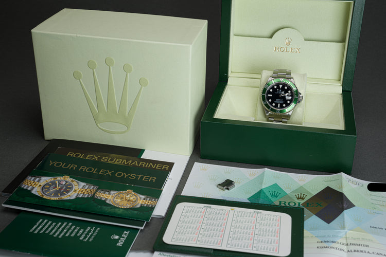 2007 Rolex 16610LV Green Anniversary Bezel Submariner Box, Papers, Booklets
