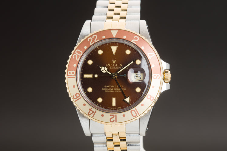 1986 Rolex 16753 18k/St GMT Master Brown Dial Creamy Tritium plots Jubilee Bracelet