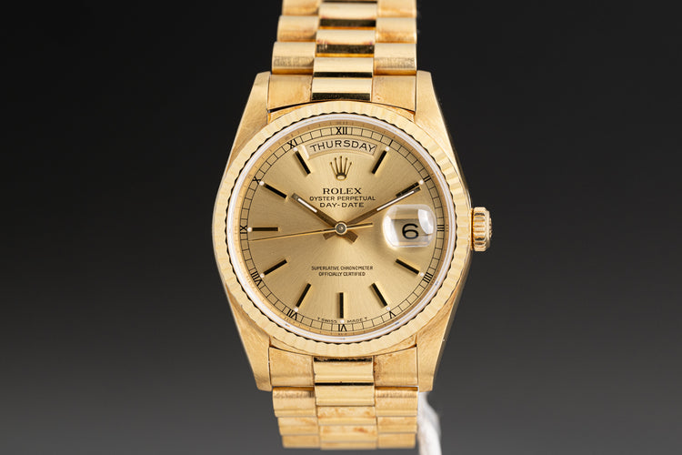1990 18K Rolex Day-Date 18238 Champagne Stick Dial Double Quick-Set
