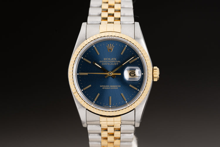 1991 Rolex 18k/St Datejust 16233 Blue Stick Dial Gold hands & Tritium Lume Plots