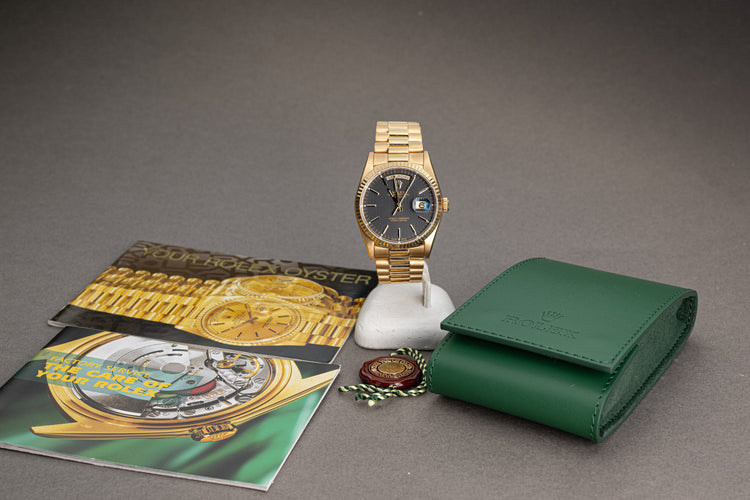 1995 Rolex Day-Date 18238 Black Tapestry Dial with Booklets, Rolex Service Pouch, Hang Tag