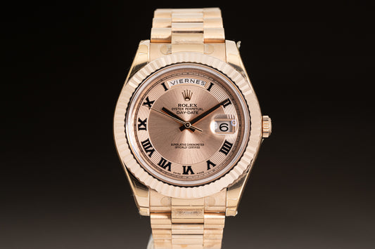 2010 Rolex 218235 18k Rose Gold Day-Date 41mm with Rose Dial & Black Roman Numerals,  Box, Card & Hangtags