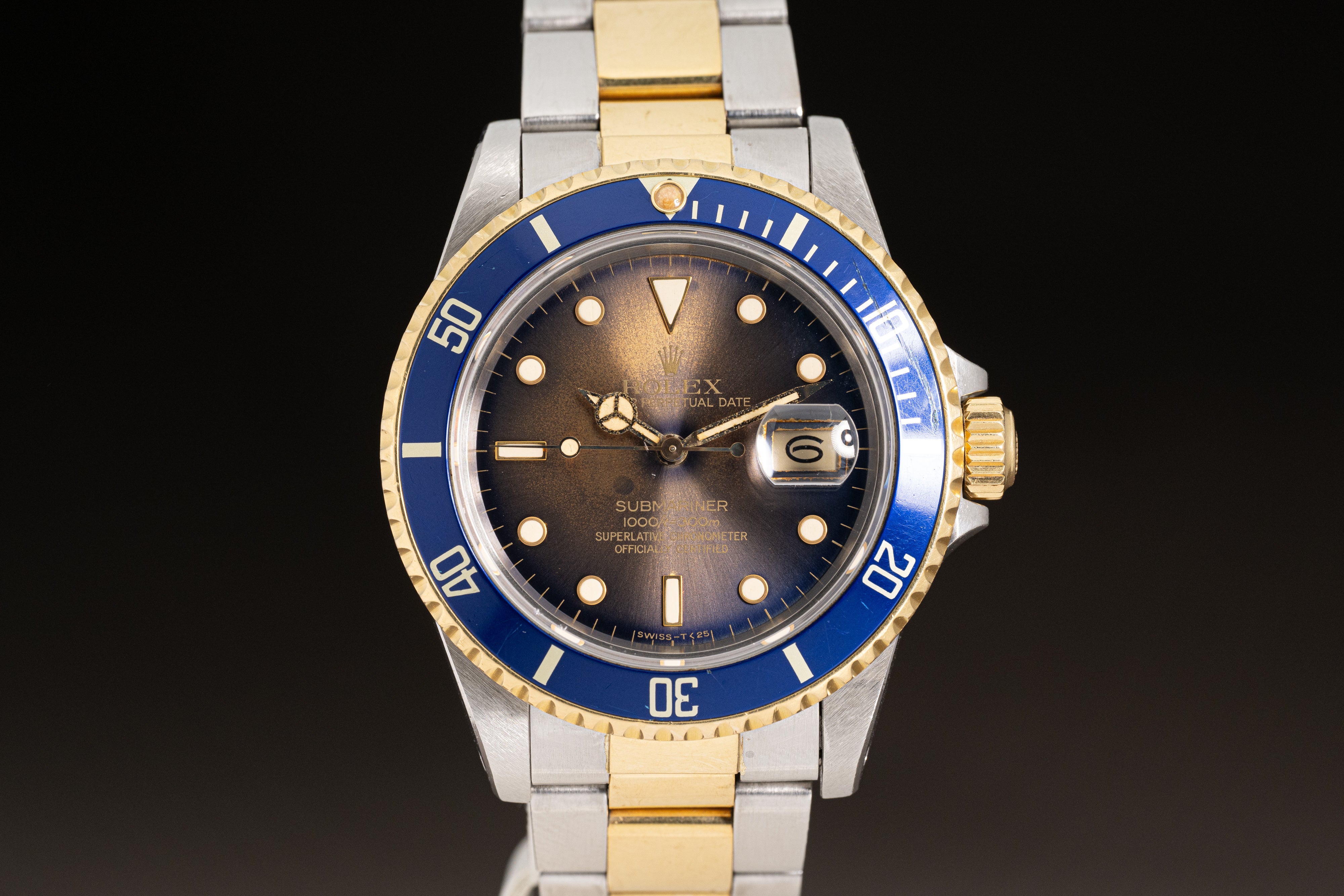 HQ Milton 1984 Rolex 16803 18k ST Tropical Gold Dust Blue Dial Submariner Inventory A5463 For Sale