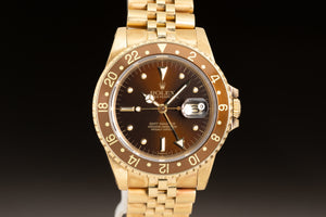 1984 Rolex 16758 18K Yellow Gold GMT Master Brown Nipple Dial Tritium Lume and Hands