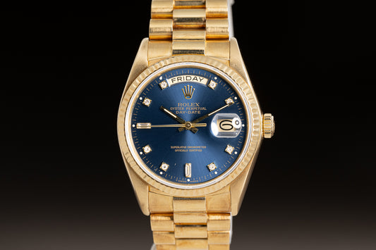 1980 Rolex 18038 Day-Date Blue Dial w/ Baguette & Round Diamond Markers