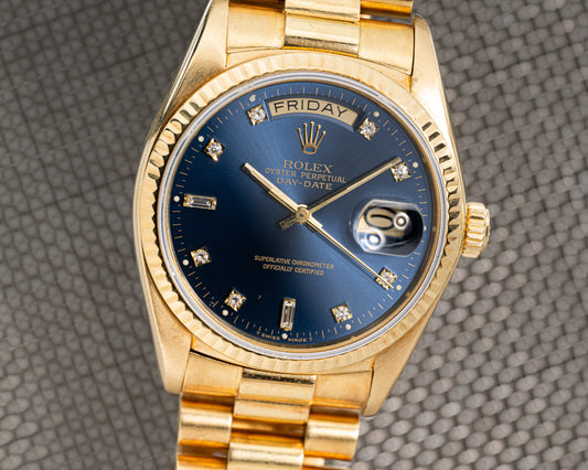 1980 Rolex 18038 Day-Date Blue Dial w/ Baguette & Round Diamond Markers