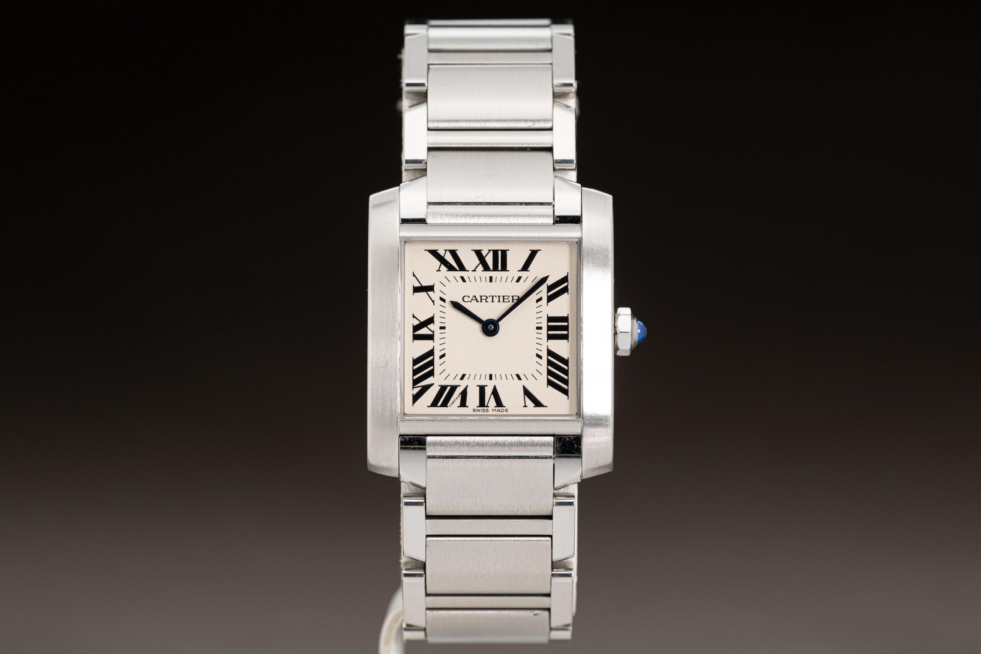 HQ Milton Cartier Tank Francaise Automatic Model 3751 Blue Cabochon Crown Inventory A5481 For Sale