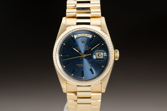 Rolex 18k Day-Date 18238 Blue Stick Dial w/ Box, Booklet, Wallet, Original Blue Dial, Calendar & Hangtags