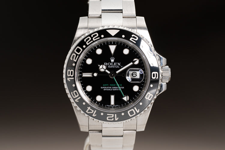 2009 Rolex GMT Master II 116710 Black Index Dial Box, Booklets, Card, Hangtag & Chrono Tag