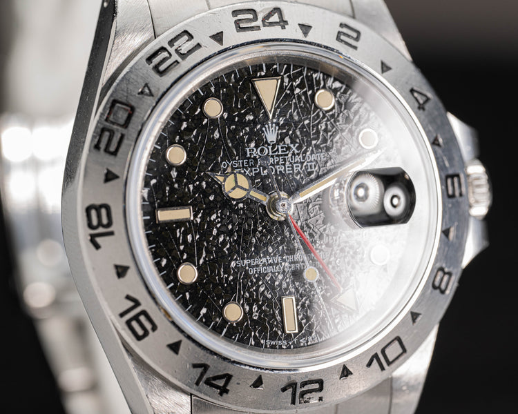 1986 Rolex Explorer II 16550 Black & Carbon Pebble Tritium Rail Dial with Creamy Lume Plots & Hands