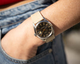 1971 Rolex Date Model 1500 with Gray Dial, Gilt Hands, Gilt Baton Markers on Strap with Service Papers