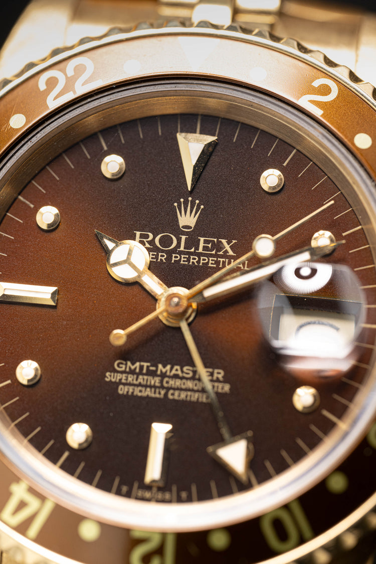 1984 Rolex 16758 18K Yellow Gold GMT Master Brown Nipple Dial Tritium Lume and Hands