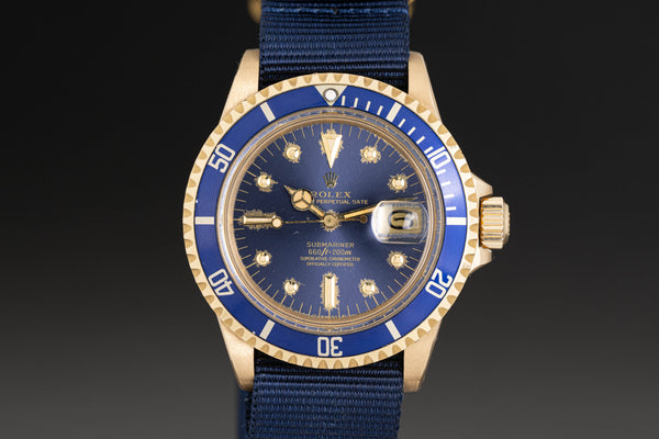 1978 Rolex 18k Submariner 1680 Blue Dial on Blue Nato strap Inventory A5193 For Sale HQ Milton