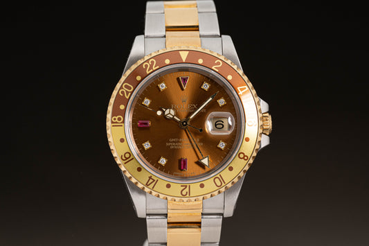 1997 Rolex 16713 GMT Master II Custom Brown Dial Diamond & Ruby Serti Markers with Box, Papers & Booklets