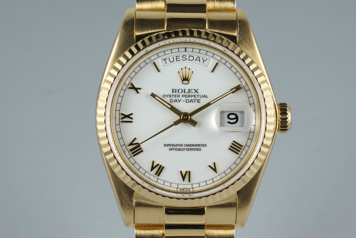 HQ Milton 1982 Rolex YG Day Date 18038 with White Roman Dial