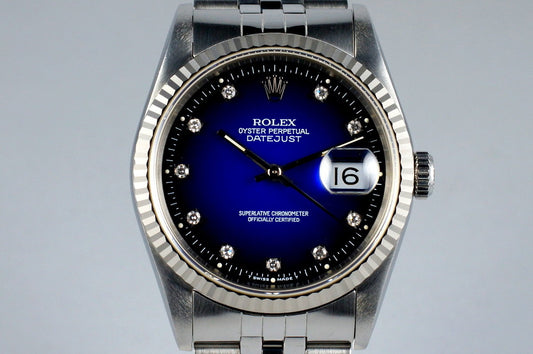 1991 Rolex DateJust 16234 with Factory Blue Vignette Diamond Dial