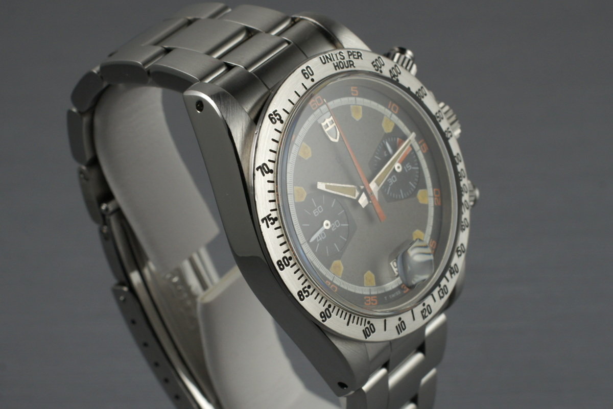Tudor 7032/0 — Tropical Home Plate Dial. The photographed specimen has an older relume disclosed by the dealer. · Photo: HQ Milton · © HQ Milton, used with permission · Source: https://hqmilton.com/products/1970-tudor-monte-carlo-7032-0-tropical-home-plate-dial