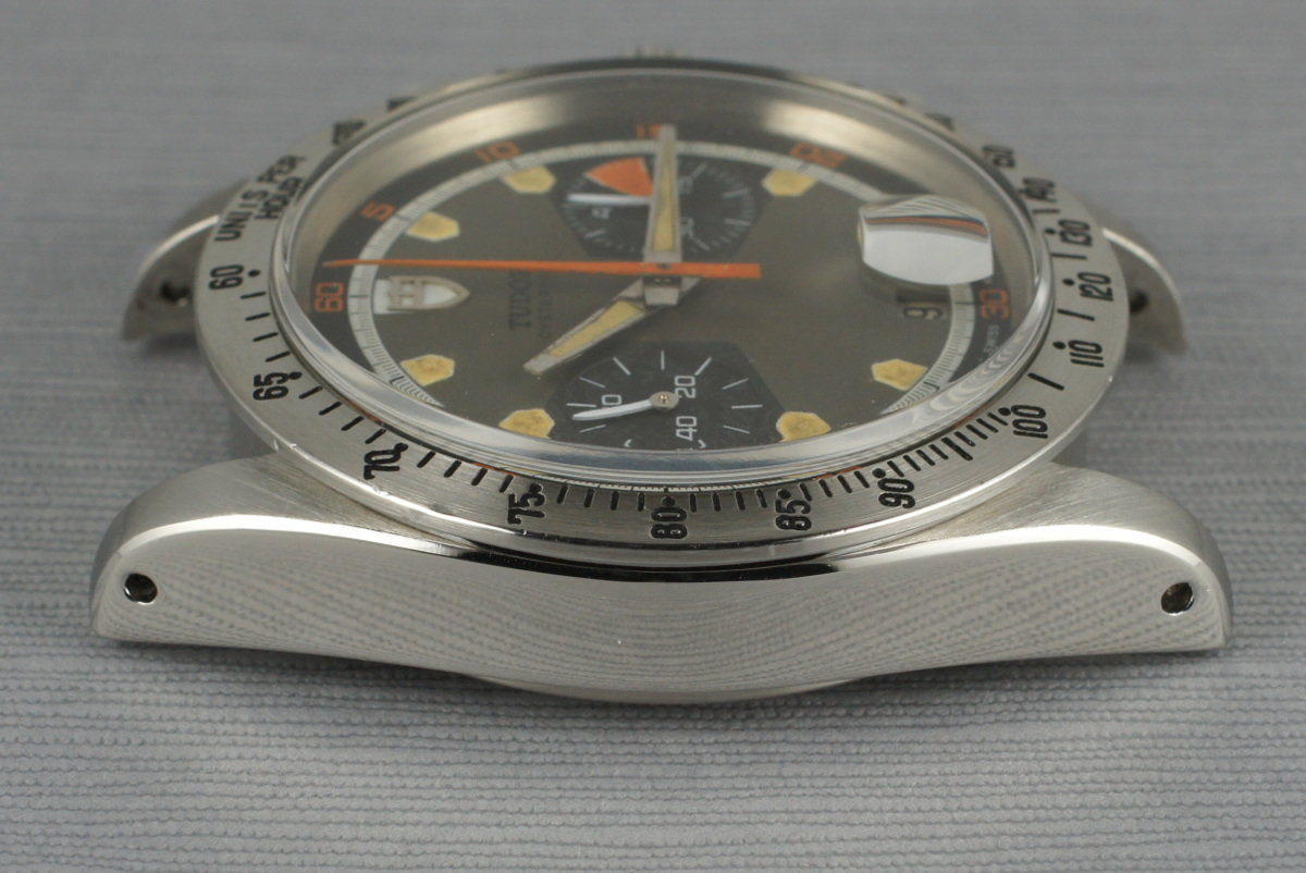 Tudor 7032/0 — Tropical Home Plate Dial. The photographed specimen has an older relume disclosed by the dealer. · Photo: HQ Milton · © HQ Milton, used with permission · Source: https://hqmilton.com/products/1970-tudor-monte-carlo-7032-0-tropical-home-plate-dial