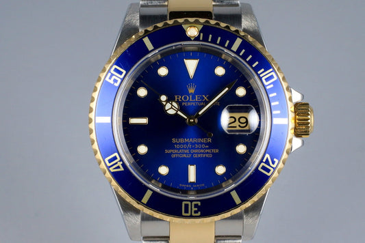 2004 Rolex Two Tone Blue Submariner 16613 with Box and Papers