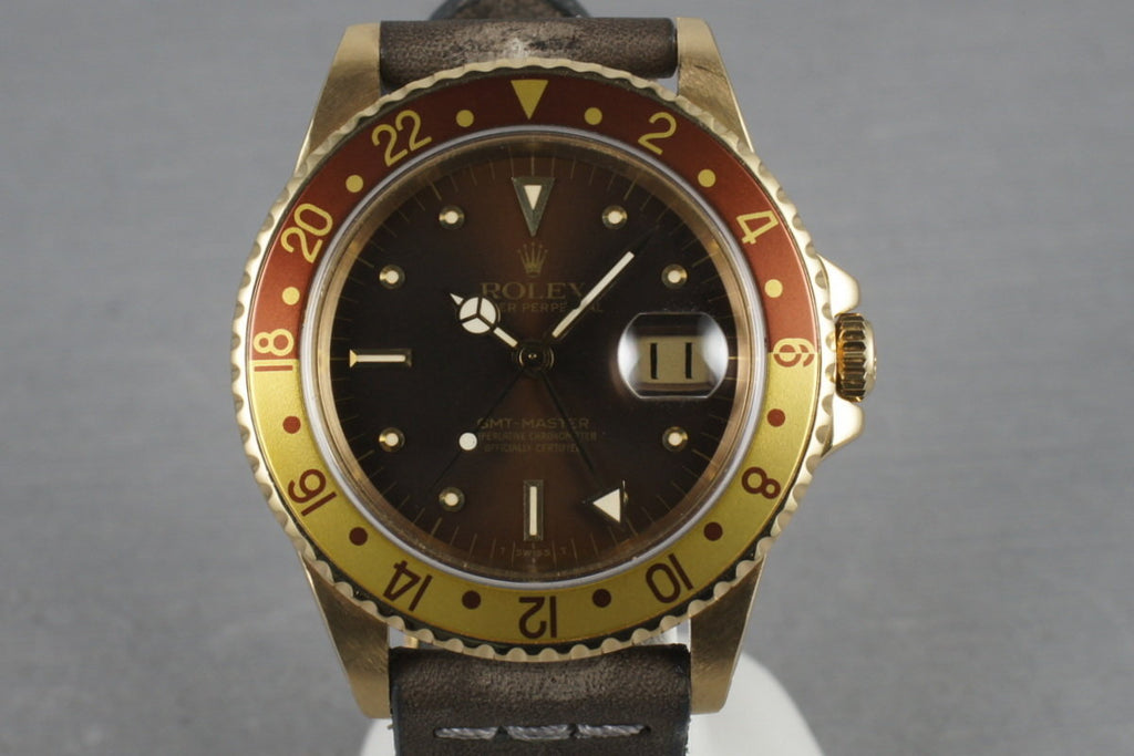 GMT 18K with Root Beer Nipple Dial 16758 with Rolex Service Papers