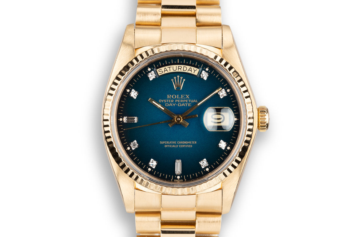 1979 Rolex 18K YG Day Date 18038 with Blue Vignette Diamond Dial