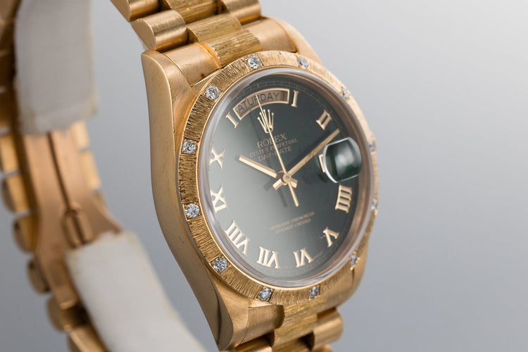 1985 Rolex 18K Day-Date 18108 with Blood Stone Dial and Bark Finish Diamond Bezel Insert