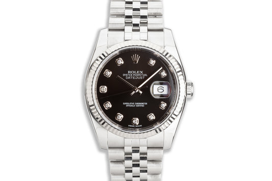 2012 Rolex DateJust 116234 with Black Dial Diamond Markers with Super Jubilee Bracelet, Box & Card