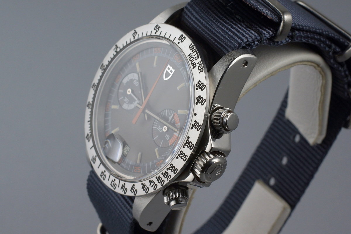 Tudor 7159/0 — Black and Grey Dial. · Photo: HQ Milton · © HQ Milton, used with permission · Source: https://hqmilton.com/products/1975-tudor-monte-carlo-7159-0-gray-dial
