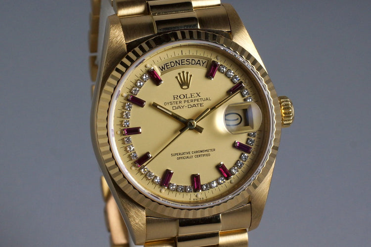 1986 Rolex YG Day Date 18038 Factory Diamond and Ruby String Dial