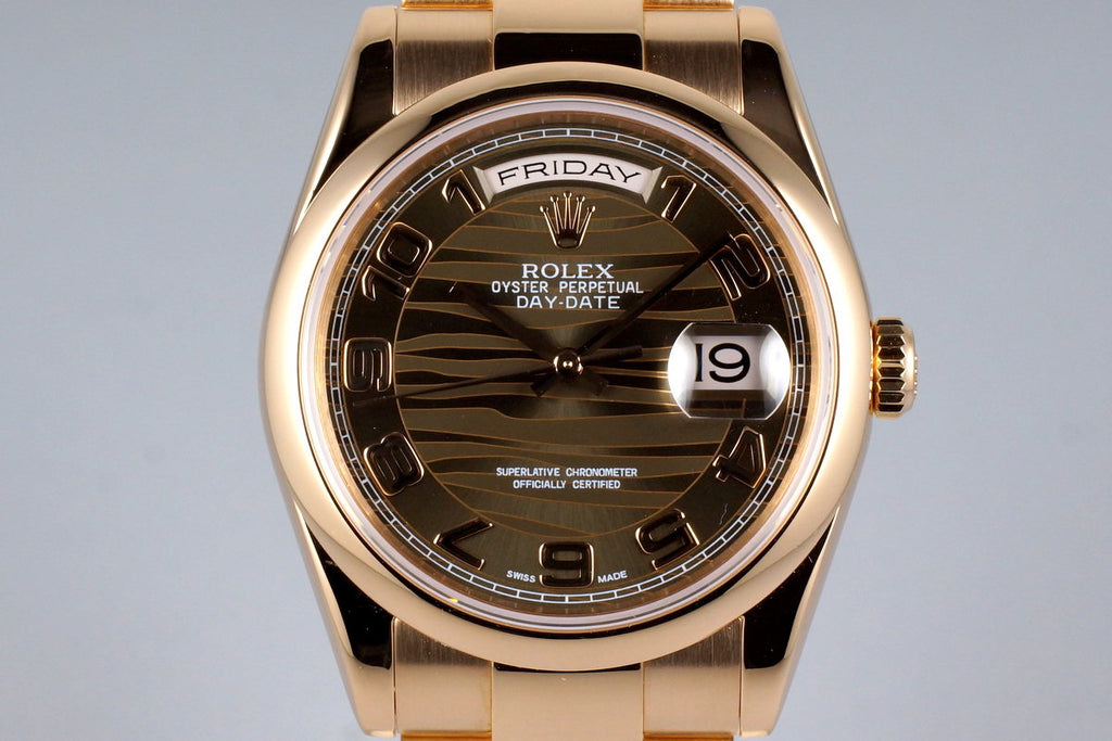 2000 Rolex Rose Gold Day-Date 118205 Brown Wave Dial with Box and Papers