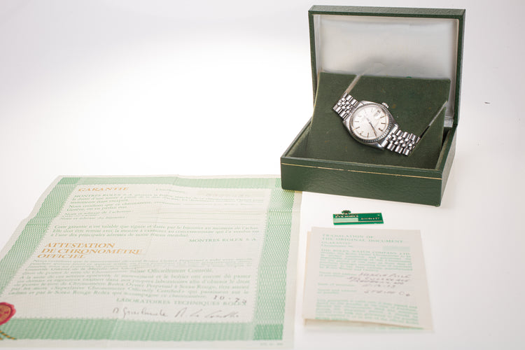 1973 Rolex Datejust Silver Sigma Dial Box, Papers & Hangtag