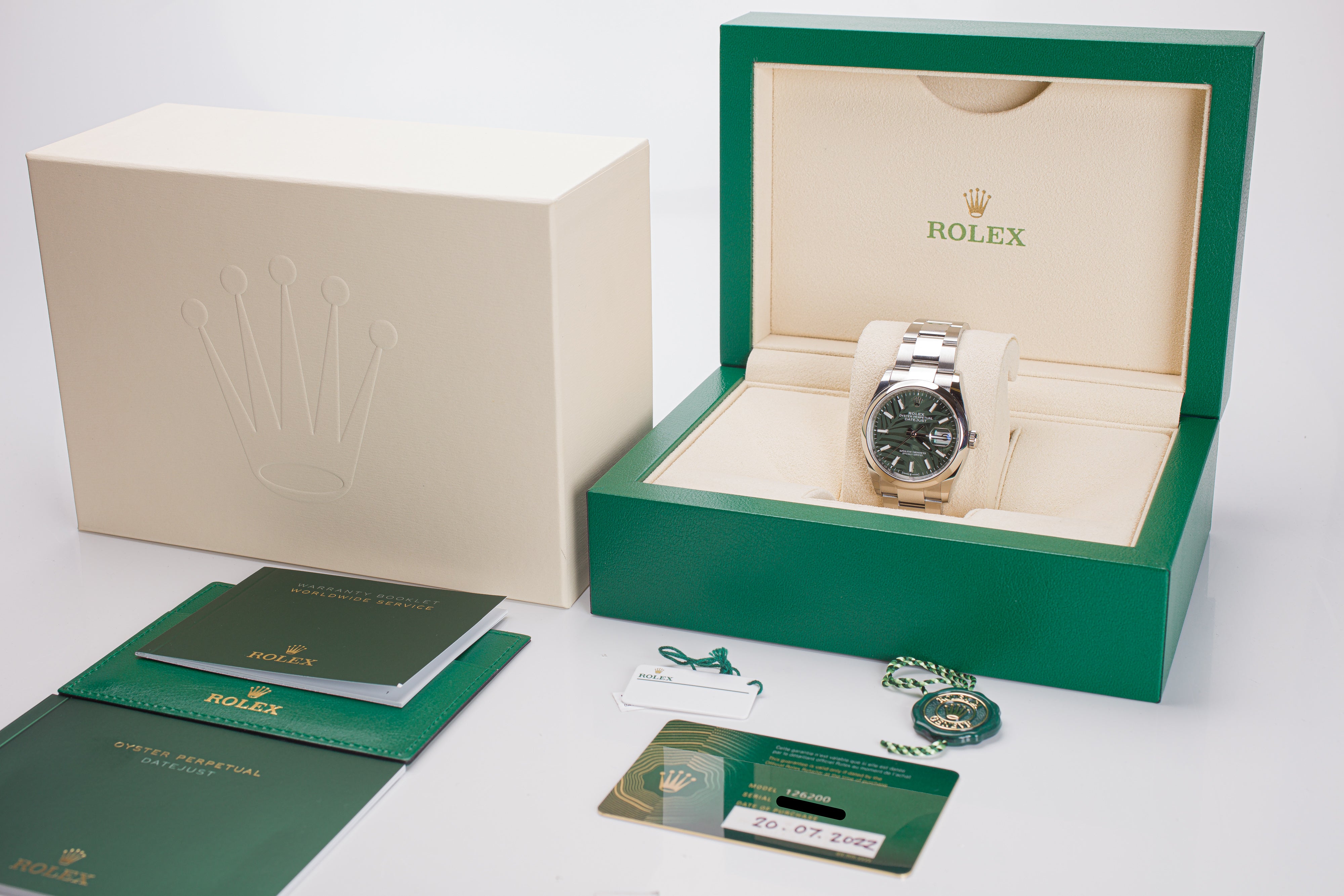 ブ*ン様 ROLEX　箱　ハンカチ HQ Milton - 2022 Rolex Datejust 126200 Green Palm Motif Dial Box