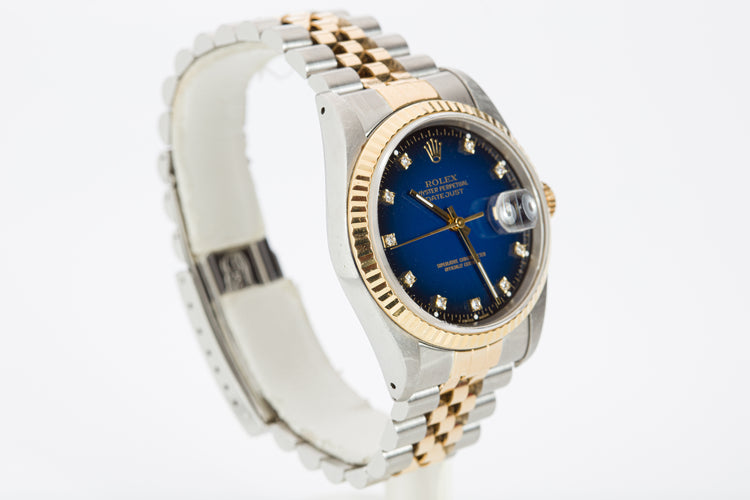 1990 Rolex 16233 Datejust Blue Diamond Vignette Dial Box, Tags & Papers