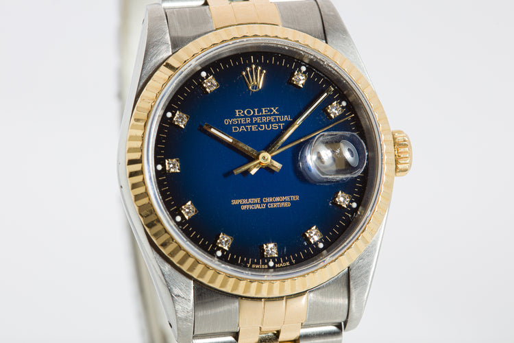 1990 Rolex 16233 Datejust Blue Diamond Vignette Dial Box, Tags & Papers