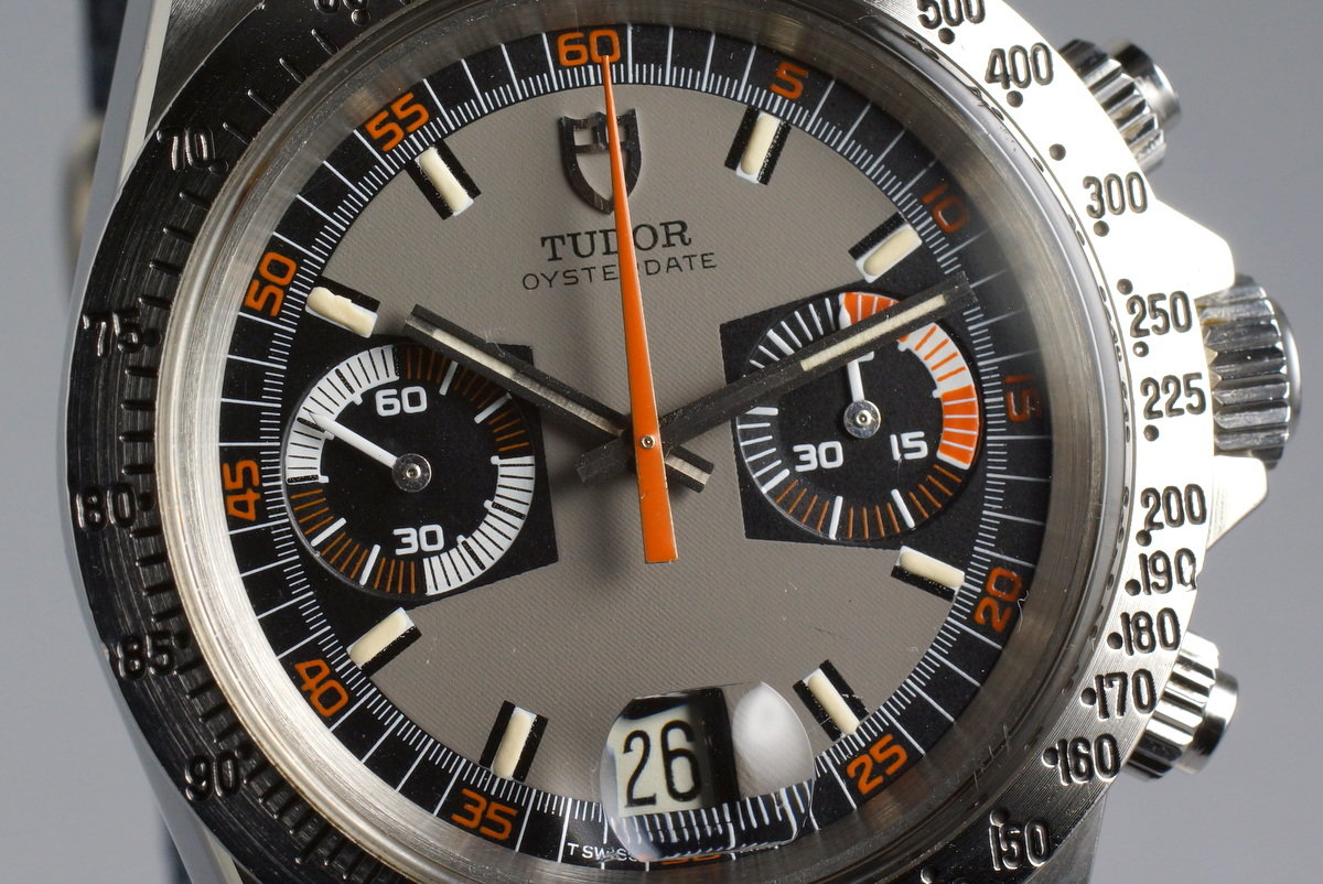 Tudor 7159/0 — Black and Grey Dial. · Photo: HQ Milton · © HQ Milton, used with permission · Source: https://hqmilton.com/products/1975-tudor-monte-carlo-7159-0-gray-dial
