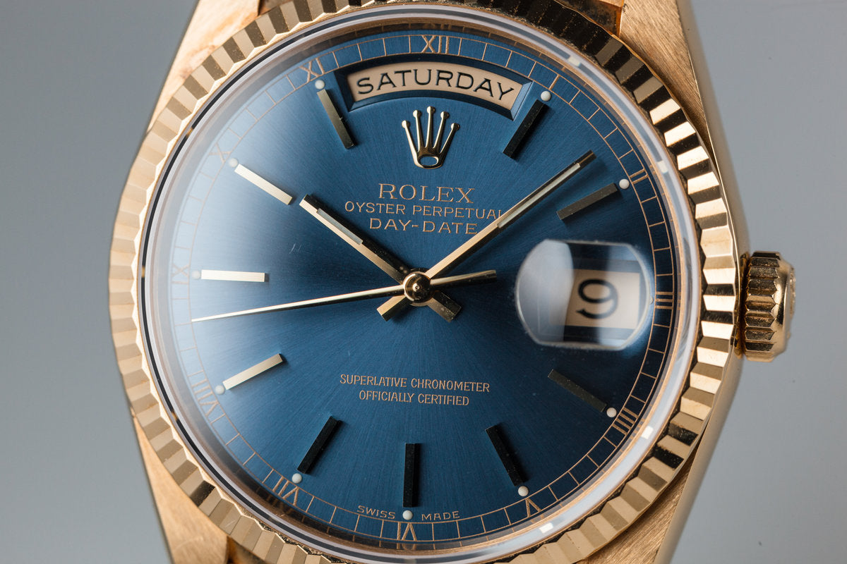 HQ Milton - 1995 Rolex 18K YG Day-Date 18238 Blue Dial with Box