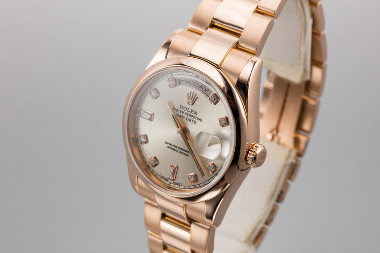 2000 Rolex 18K Rose Gold Day-Date 118205 Silver Diamond Dial with Box and Papers