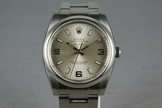 Rolex Air-King M serial 114200 Silver 3-6-9 dial with papers