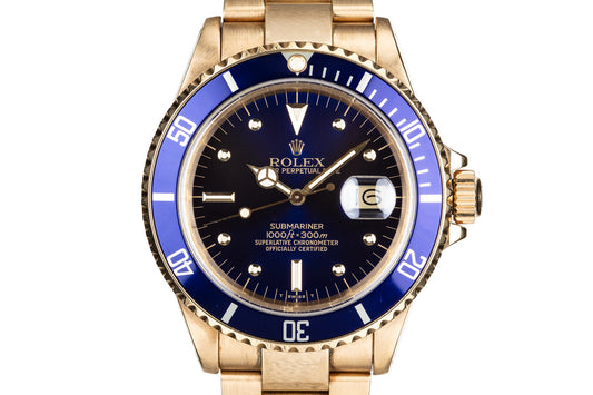 1988 Rolex 18K Gold Submariner 16808 Blue Nipple Dial with Box and Papers