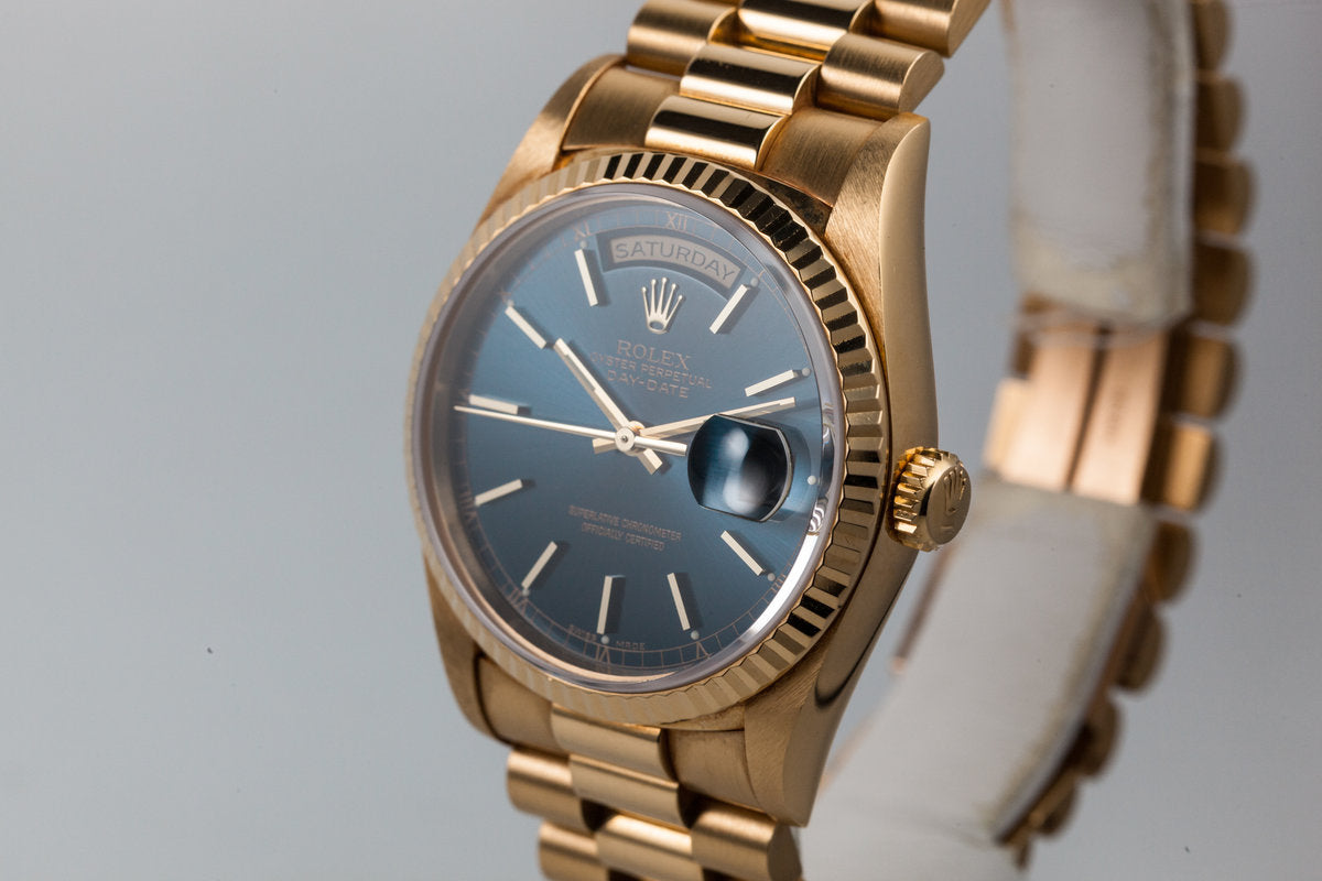 HQ Milton - 1995 Rolex 18K YG Day-Date 18238 Blue Dial with Box
