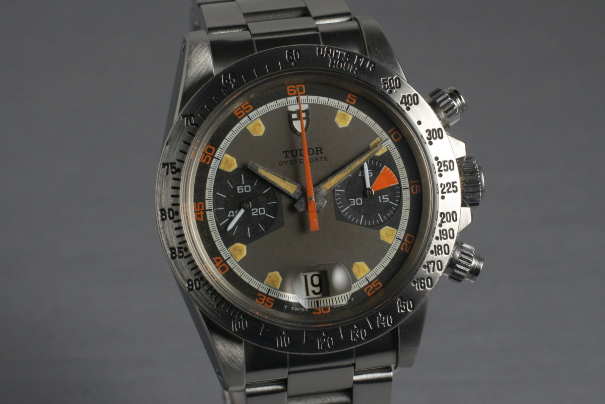 Tudor 7032/0 — Tropical Home Plate Dial. The photographed specimen has an older relume disclosed by the dealer. · Photo: HQ Milton · © HQ Milton, used with permission · Source: https://hqmilton.com/products/1970-tudor-monte-carlo-7032-0-tropical-home-plate-dial