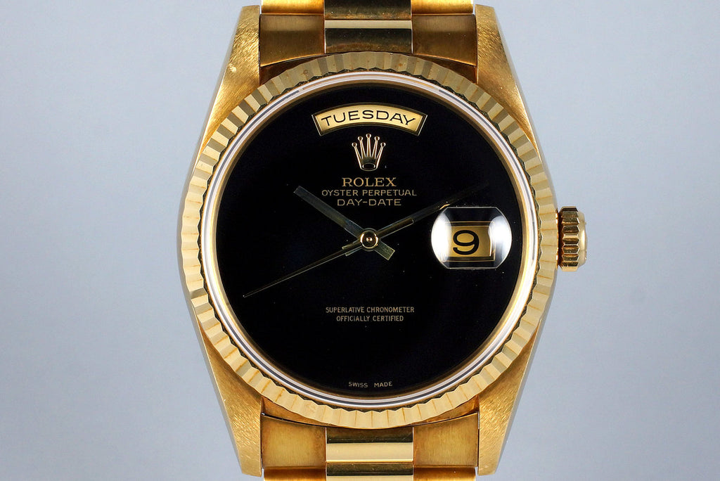 HQ Milton - 1995 Rolex YG Day-Date 18238 Onyx Dial with Box and UNPOLISHED, Inventory #8250, For Sale