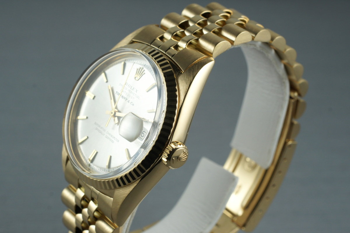 Rolex 1601 — Yellow Gold, Silver Tiffany & Co. Dial. Photographed dealer specimen. Tiffany signature is attributed by the dealer; no papers supplied. Documented example: 1966. Production span has not been established. · Photo: HQ Milton · © HQ Milton, used with permission · Source: https://hqmilton.com/products/1966-rolex-18k-datejust-1601-with-tiffany-co-dial