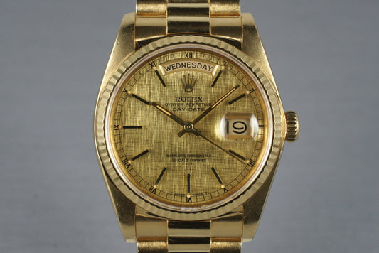1981 Rolex YG Day Date 18038 Linen Dial with Box and Papers