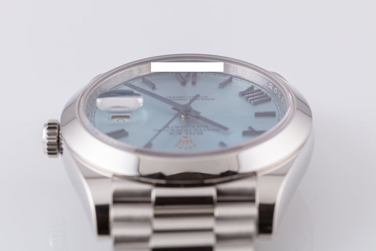 2018 Platinum Day Date 228206 with Glacier Blue Roman Quadrant Motif Dial and Box and Card