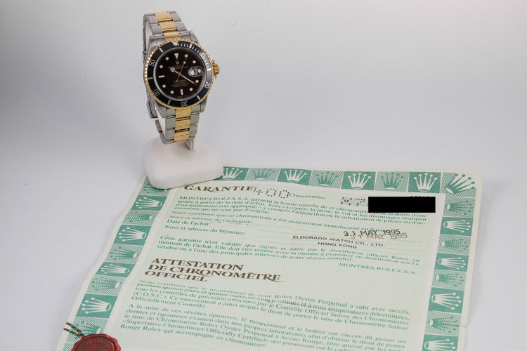 1991 Rolex Two Tone Black Submariner 16613 with Papers